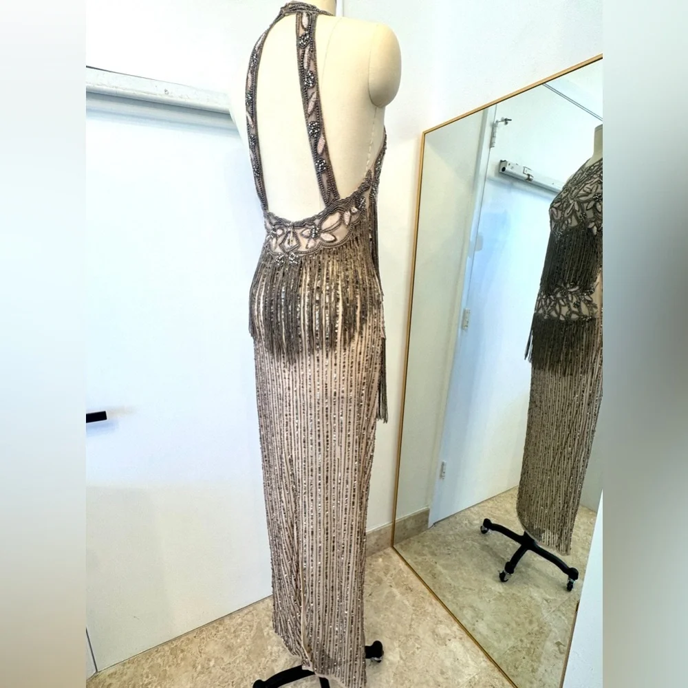 Heavily Beaded Halter Gown – Open Back Sheer Fringe Maxi Dress Glam Formal - Picture 10 of 12